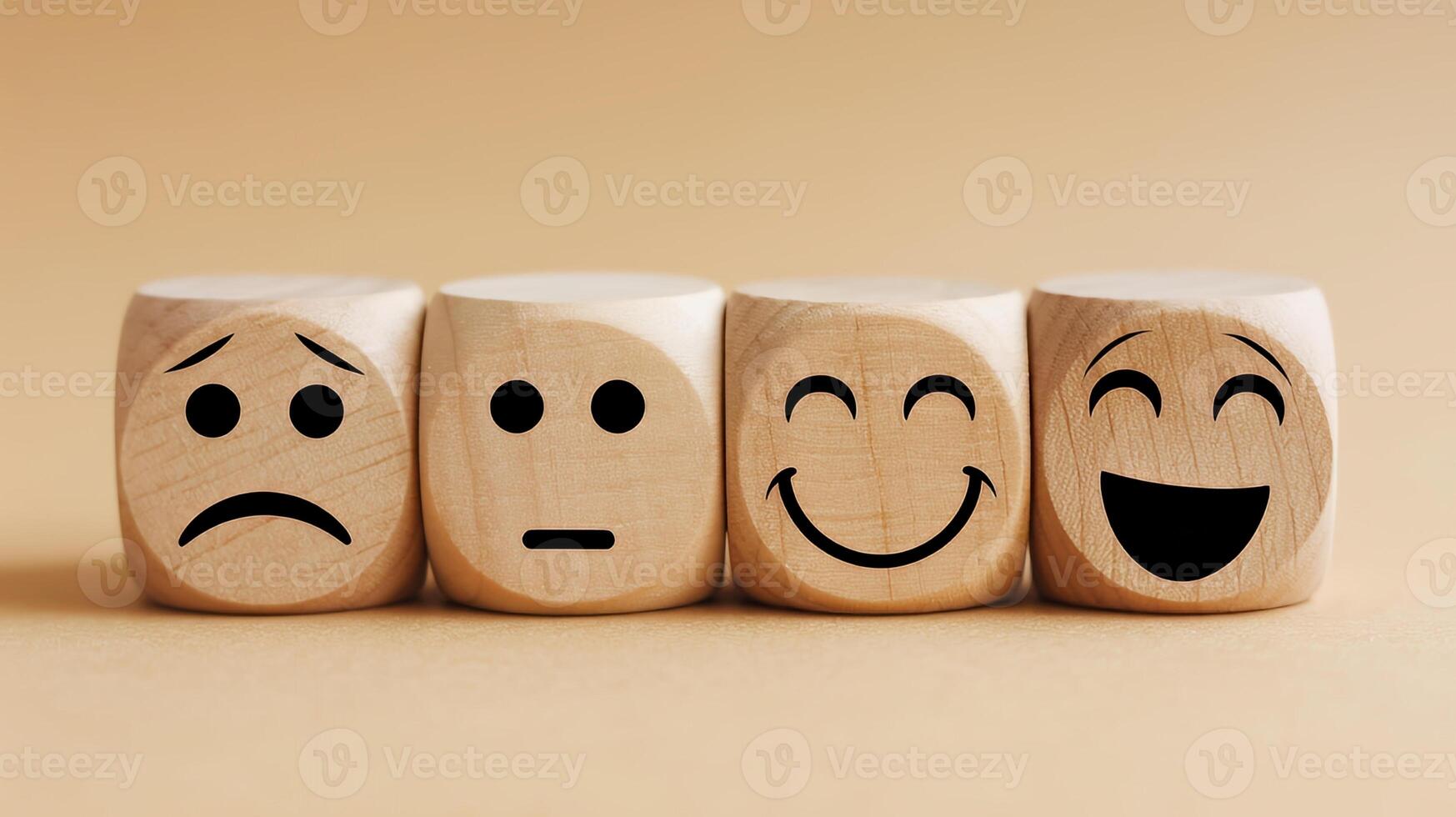 Wooden blocks displaying a range of emotions from sadness to joy illustrating the spectrum of human photo