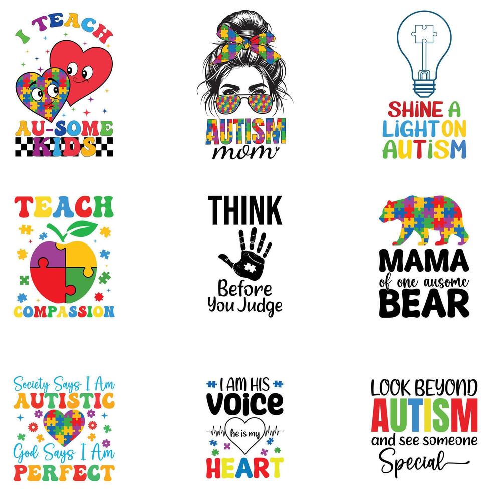 set of Autism awareness Typography T-shirt Design , Autism Puzzle Design sublimation, vector