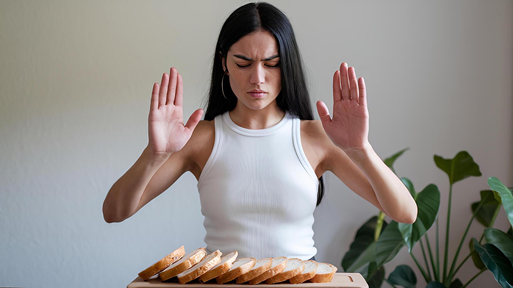 Woman rejecting bread gluten free diet healthy lifestyle choice neutral background simple photo