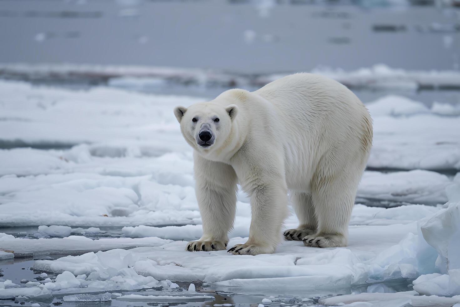 Majestic polar bear standing on Arctic ice floes a breathtaking winter scene with soft natural light photo