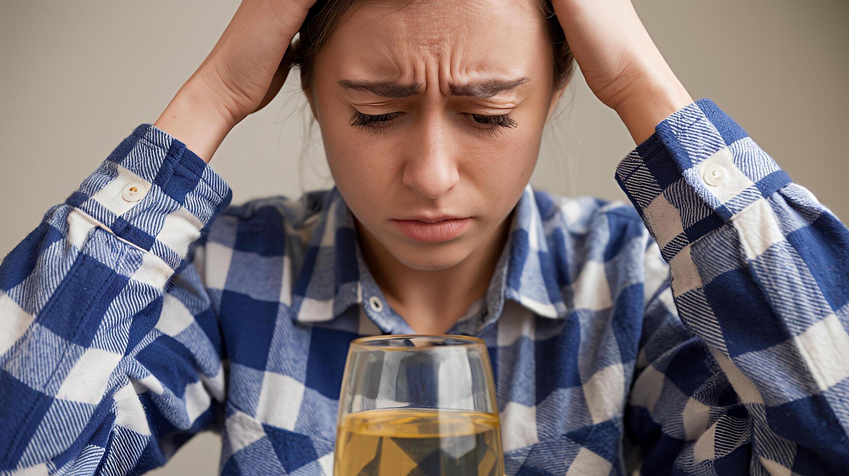 Young woman s distress alone with a drink captured in soft light neutral background photo