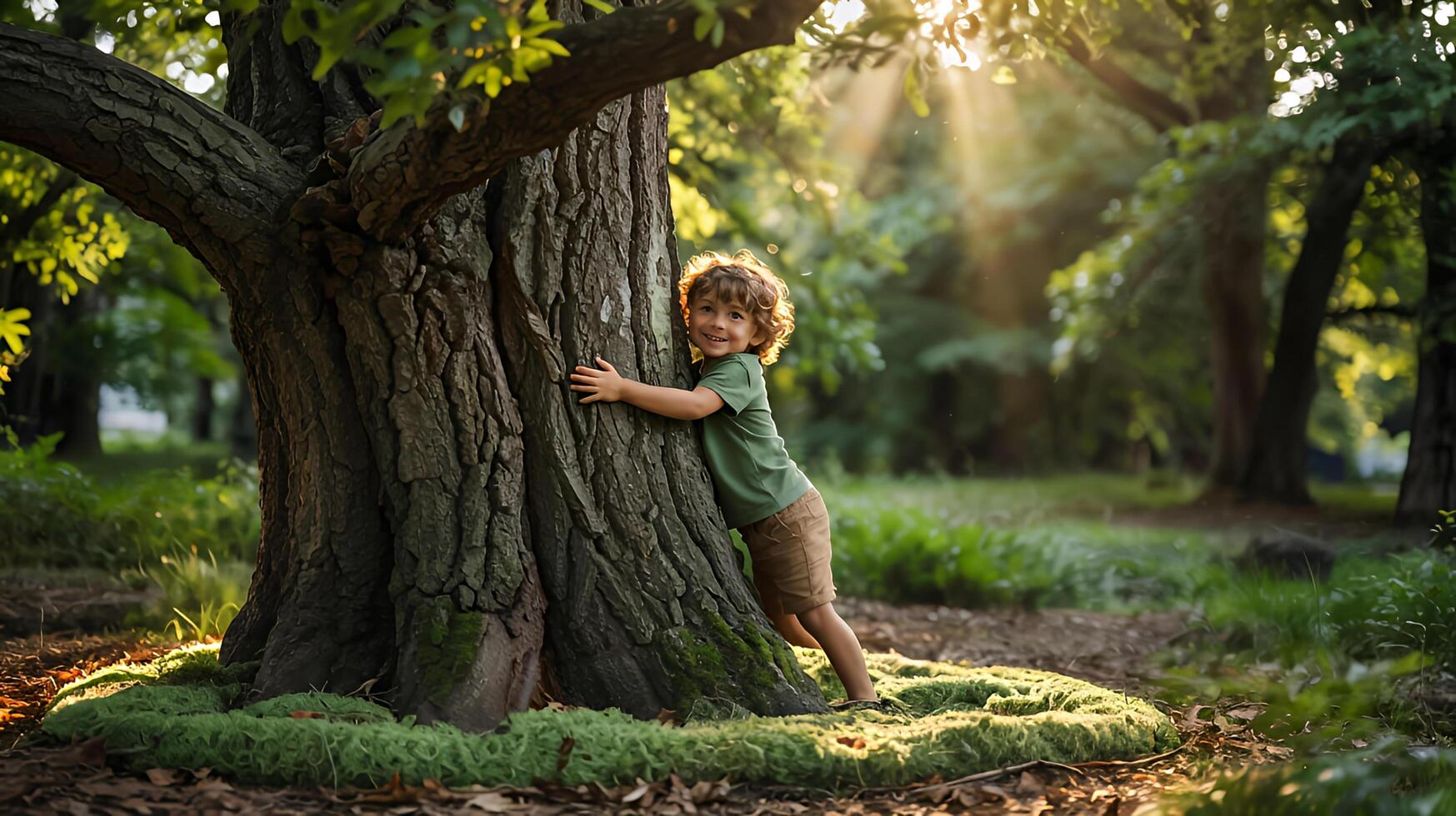 Happy child hugging a tree in a sunlit park golden hour nature love soft focus background photo