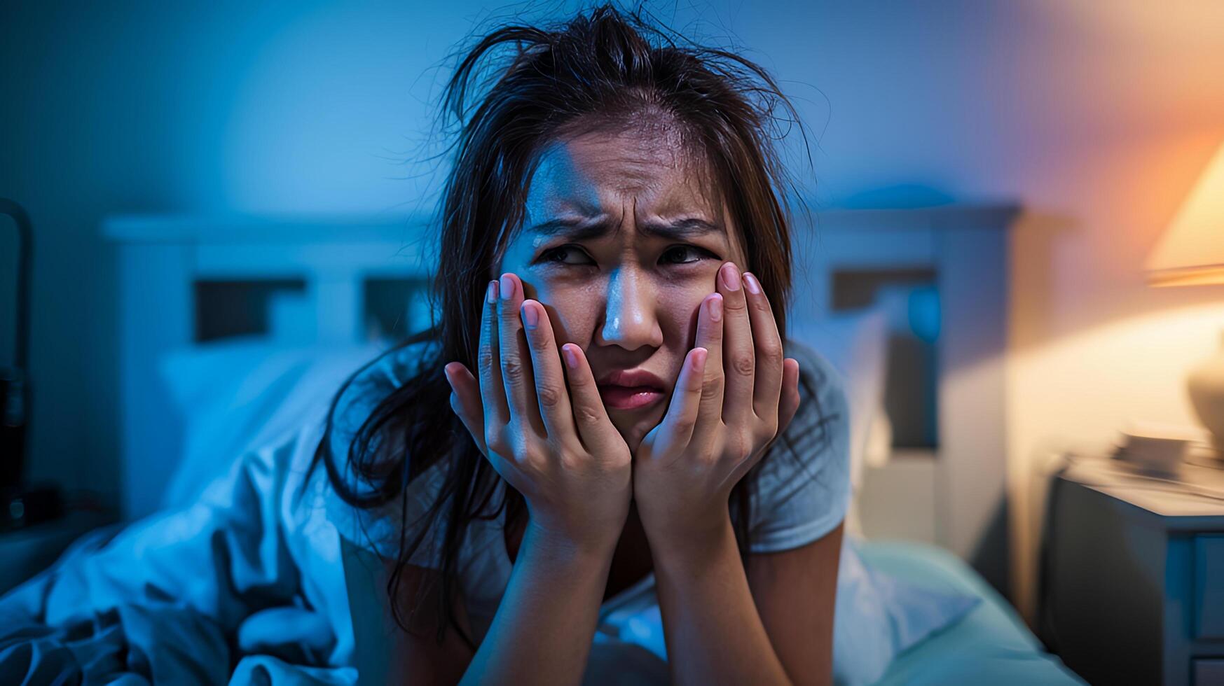 Woman in bed at night deeply troubled feeling anxious and stressed under cool blue lighting bedroom photo