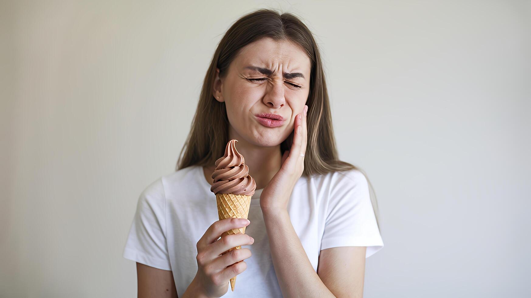 Woman with Toothache Holding Chocolate Ice Cream Cone against Simple Background photo