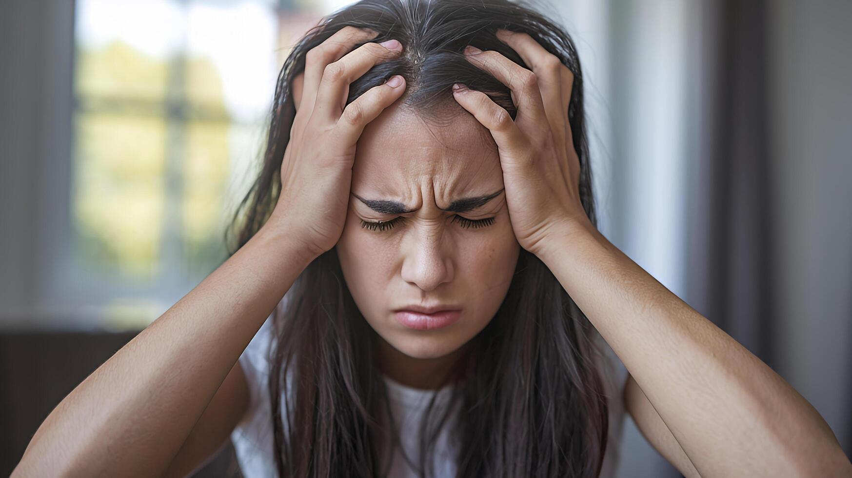 Young woman stressed head in hands soft light blurred background feeling overwhelmed anxiety worry photo
