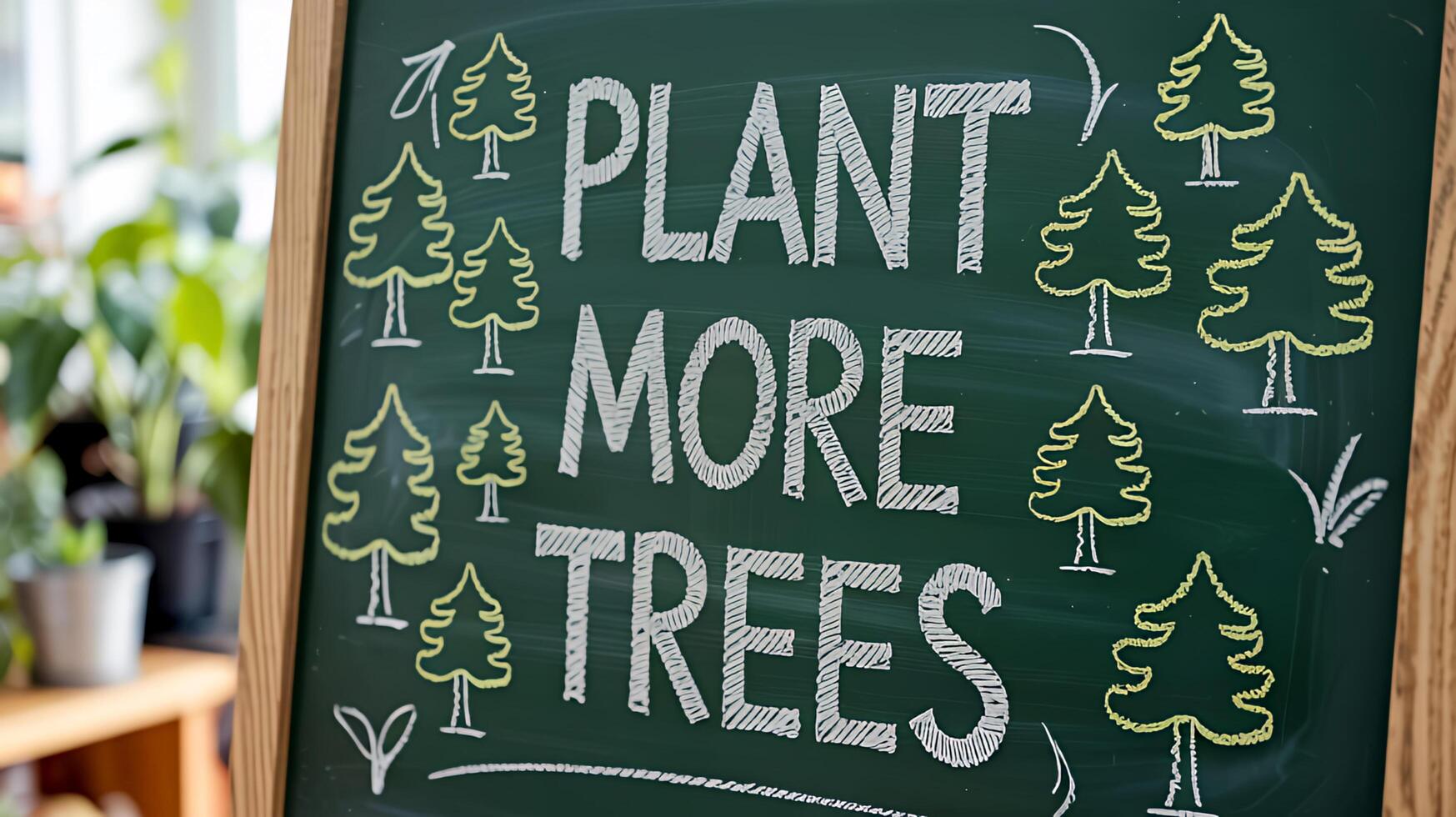 Chalkboard message Plant More Trees with hand drawn trees promoting environmental awareness and photo