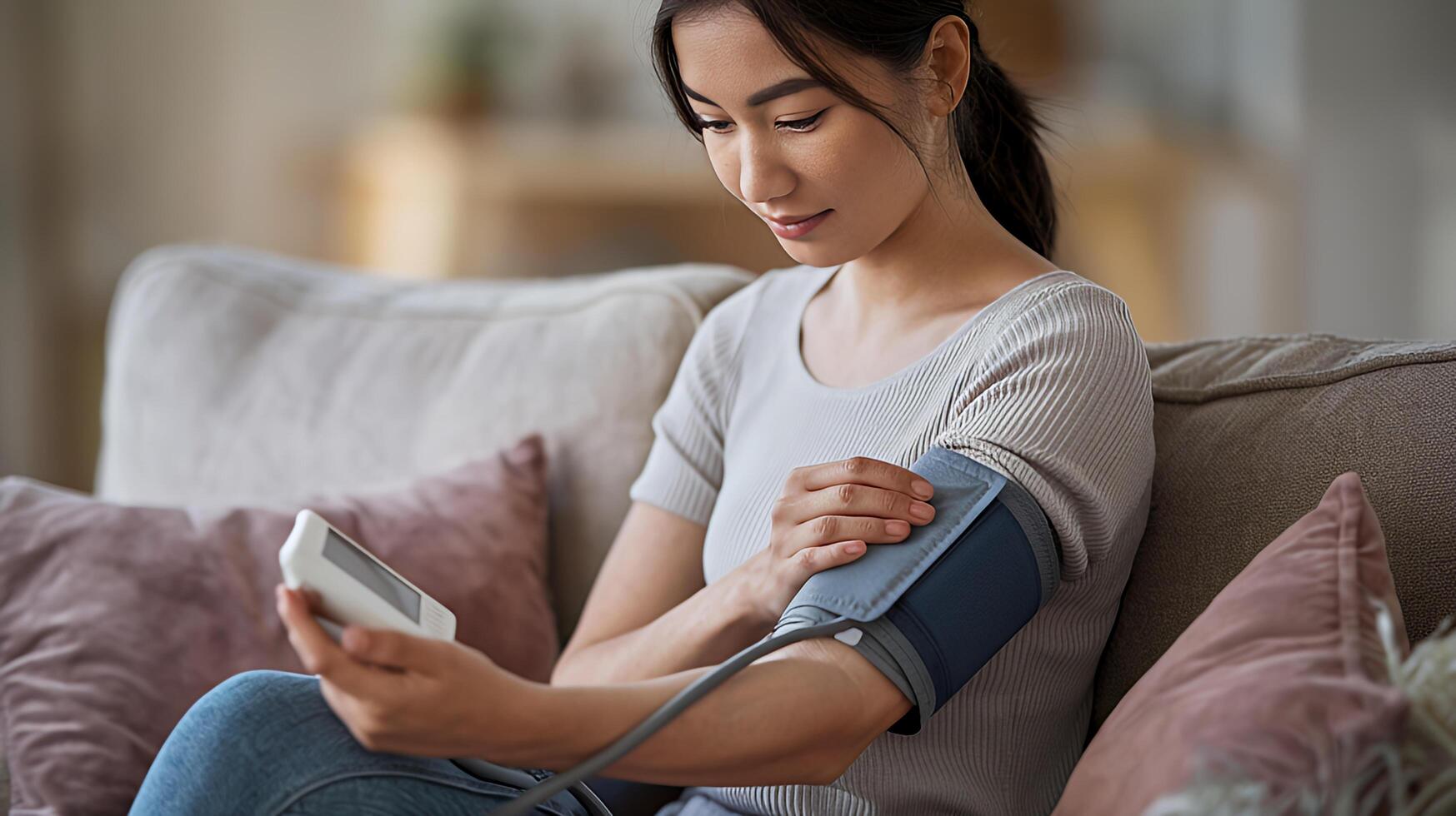 Woman checks blood pressure at home using digital monitor soft lighting comfy couch photo
