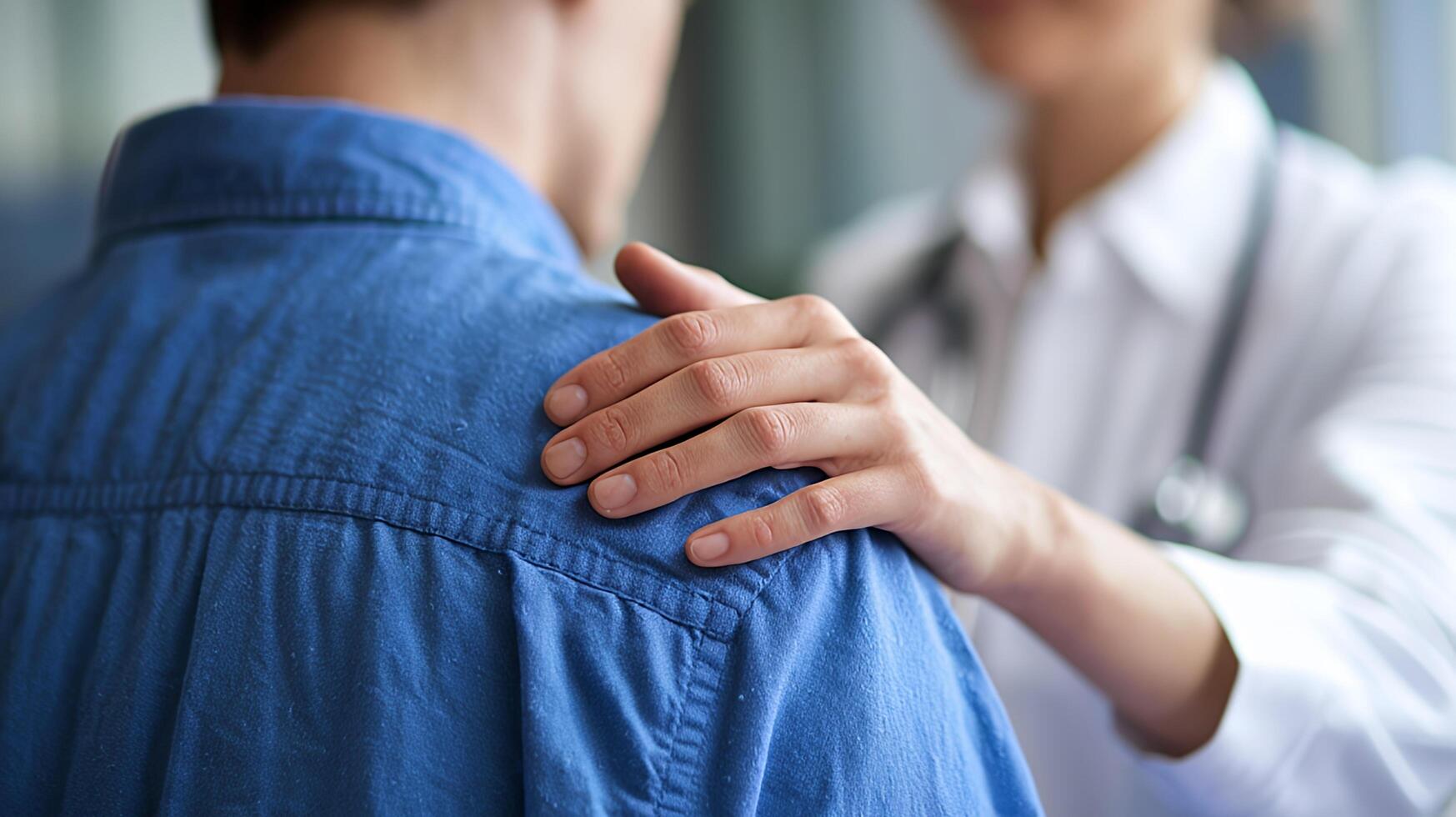 Doctor s comforting hand on patient s shoulder showing empathy and support in a medical setting with photo