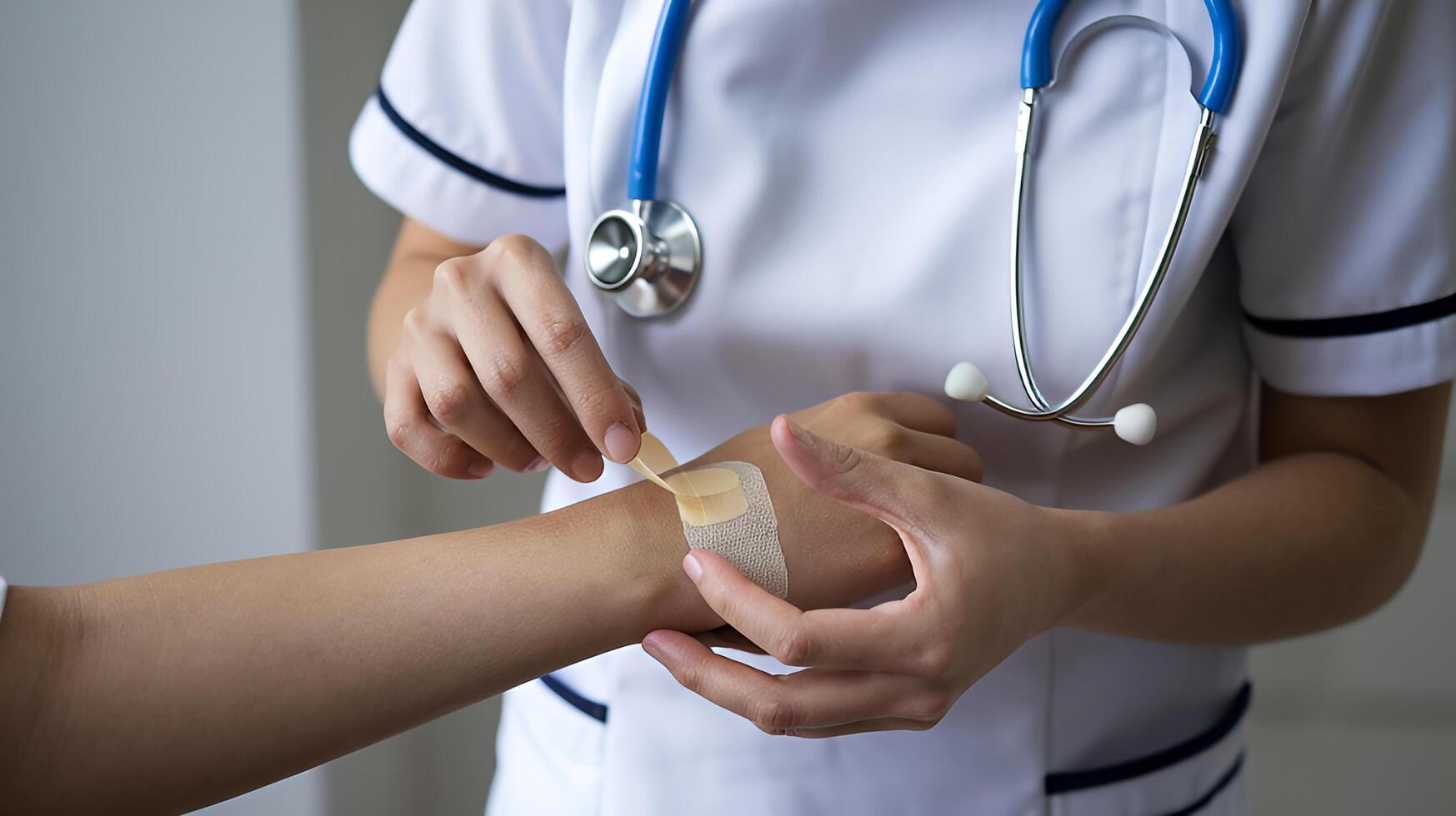 Nurse gently applies bandage providing care and comfort close up soft light photo