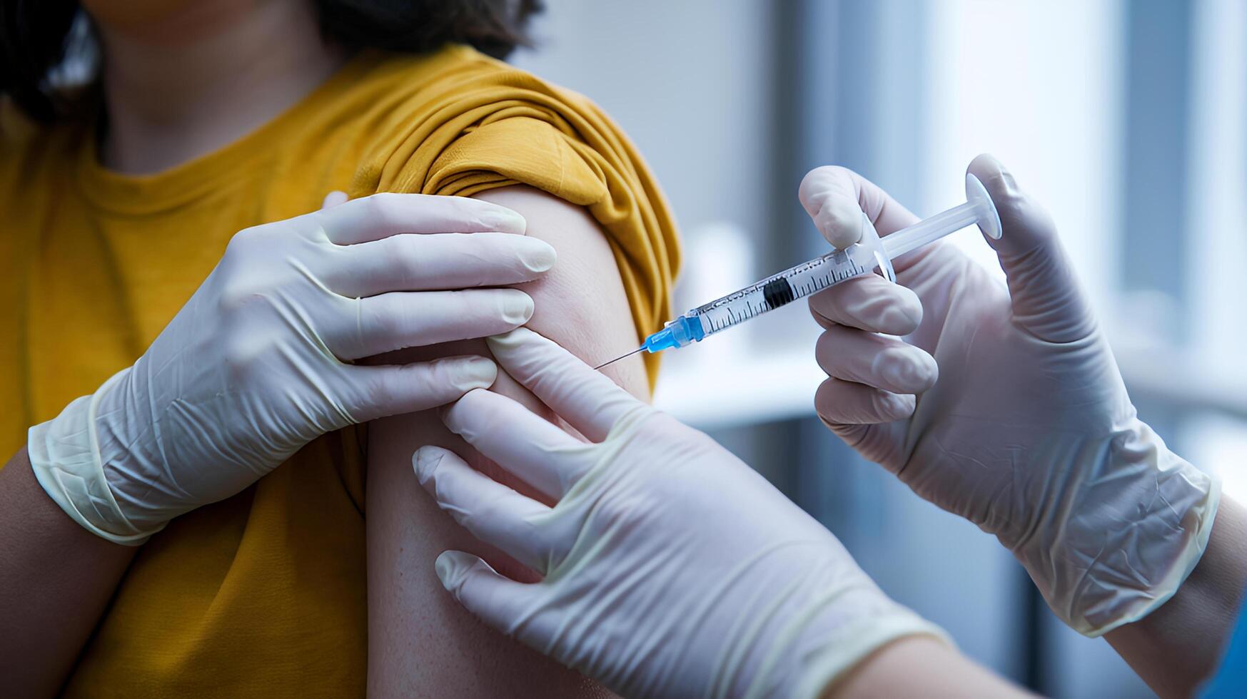 Vaccination A close up shot showing a person receiving an injection gloved hands administer the shot photo