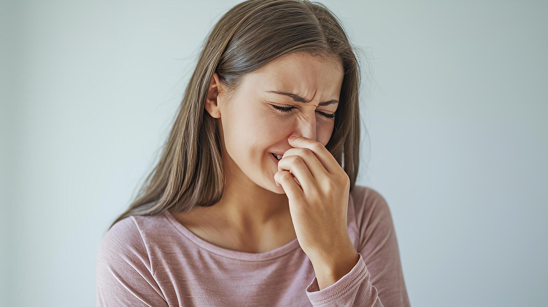 Young woman quietly crying feeling sadness gentle neutral background soft light photo