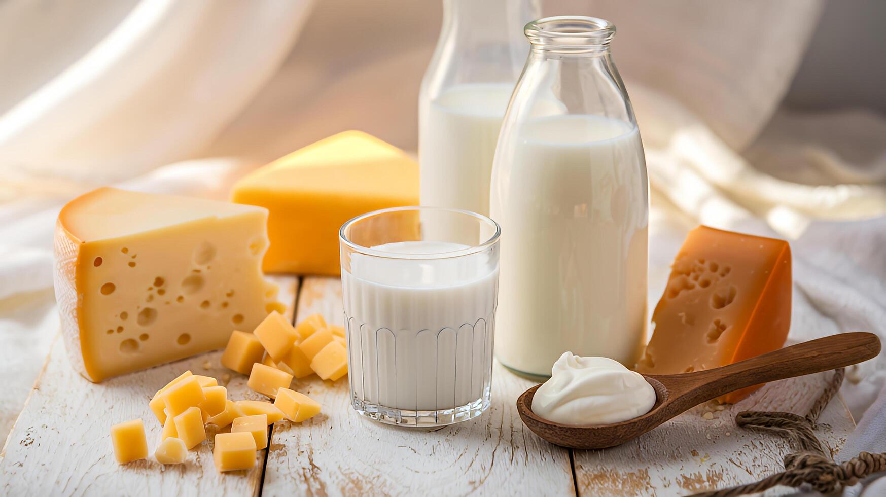 Dairy goodness milk cheese sour cream on rustic white wood soft light photo