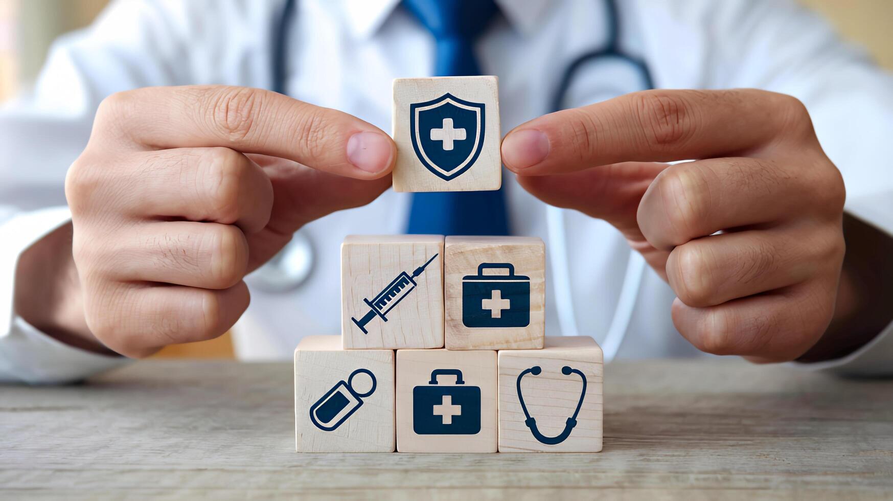 Doctor building healthcare protection concept with wooden blocks medical icons close up view photo