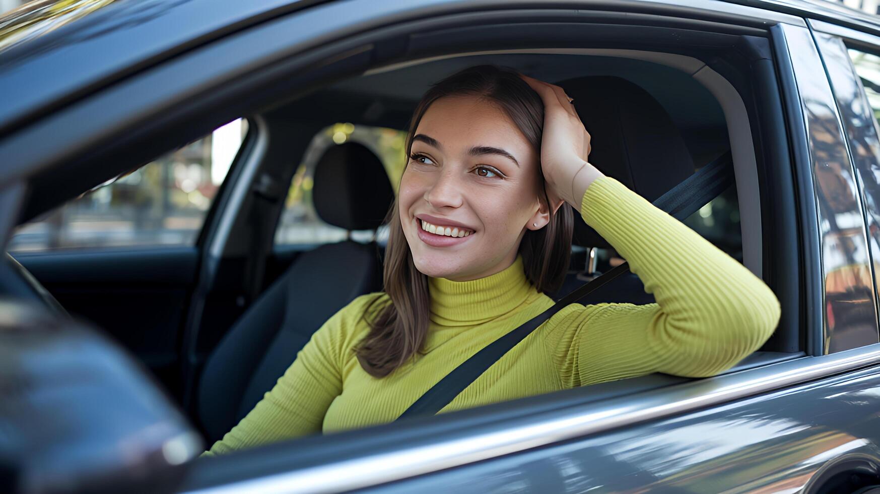 Happy woman in car enjoying a drive bright sunny day soft lighting blurred background cheerful smile photo