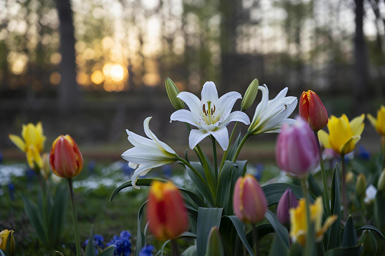 Serene white lilies bloom at sunset surrounded by colorful tulips in a soft natural light park scene photo