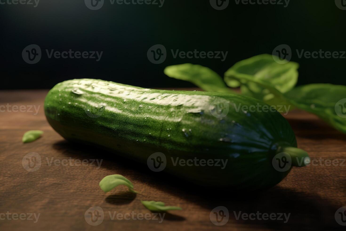 Green cucumbers on a wooden table. Green leaf's. photo