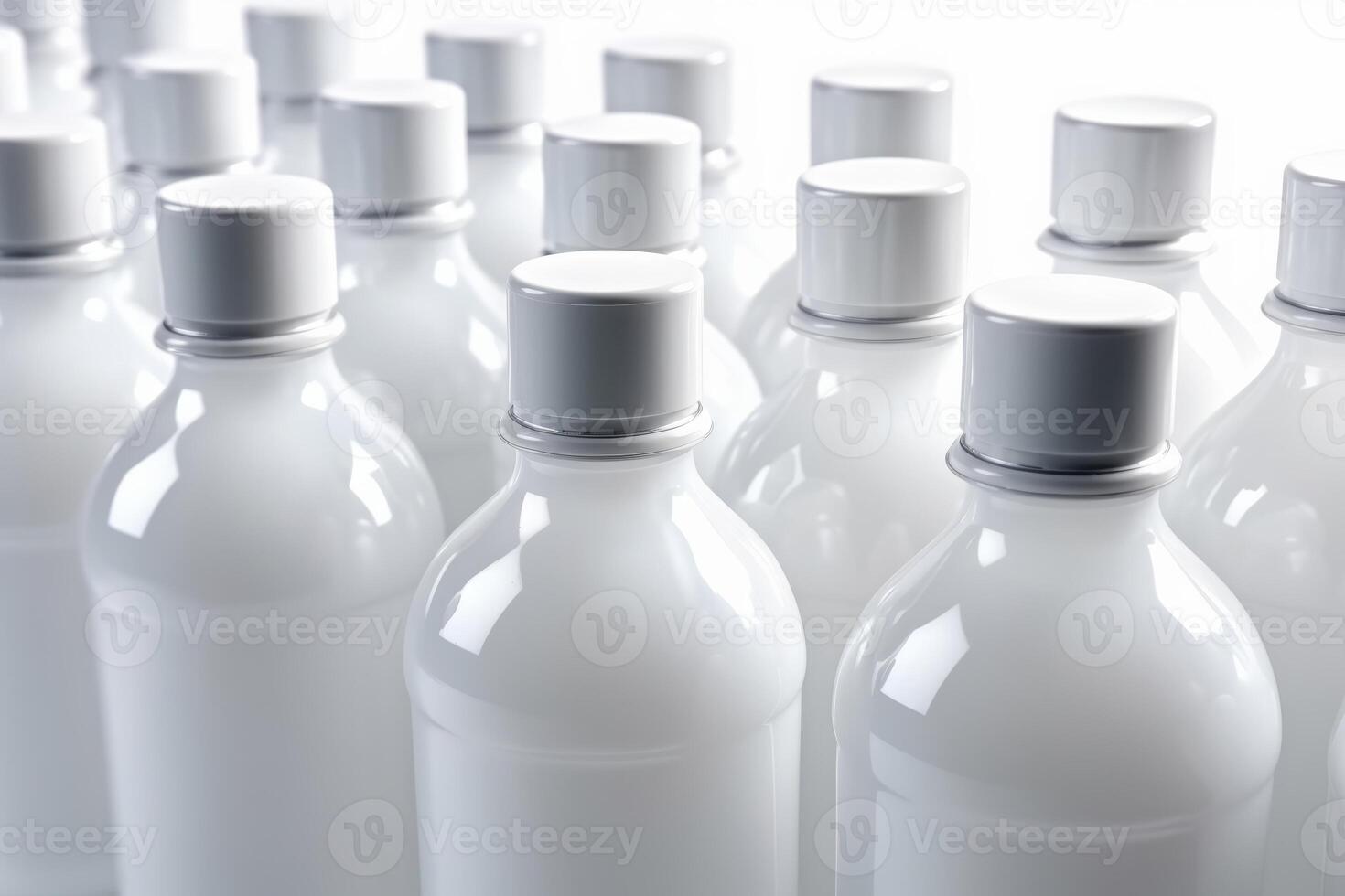 White bottle for a drink with white corks. High resolution photo. Top view close up. photo