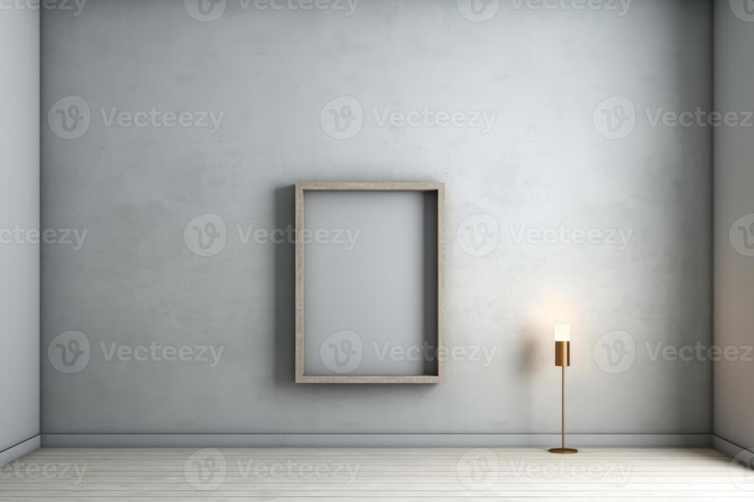 Vertical frame on gray wall, front view. High quality photo. Lamp on floor. Gray colors. photo