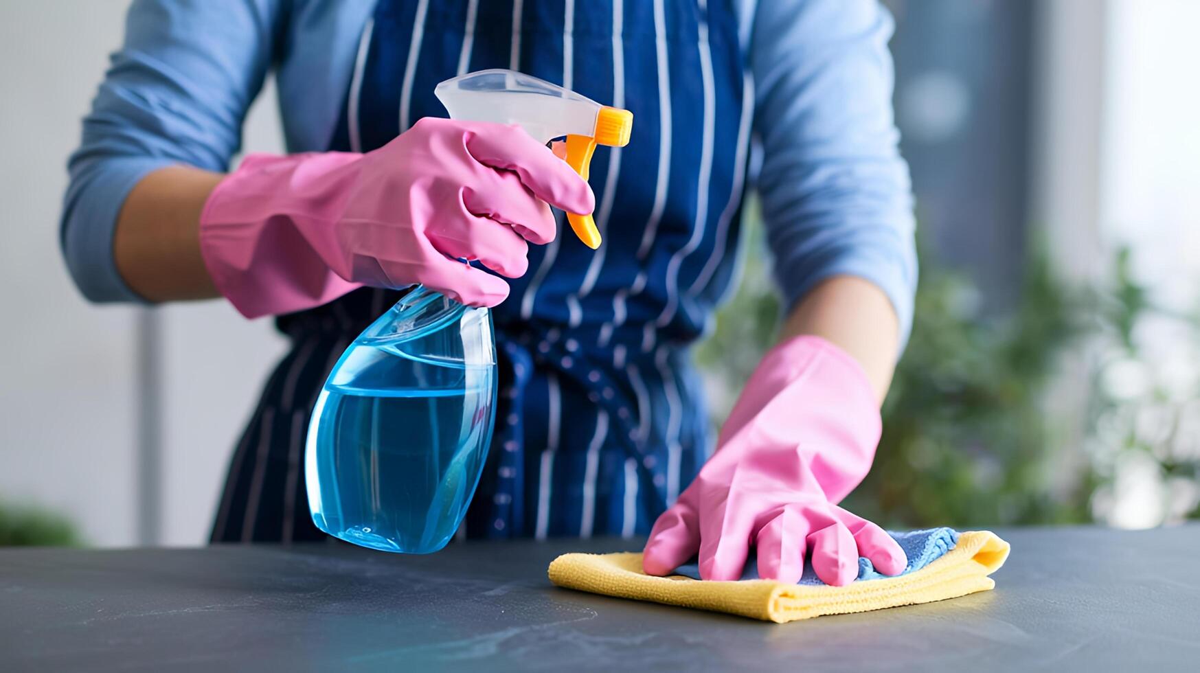 Cleaning lady using spray bottle and microfiber cloth for spotless surface bright kitchen setting photo