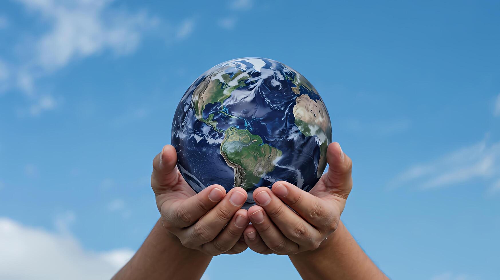 Gentle hands hold Earth a symbol of hope against a bright blue sky with fluffy clouds photo