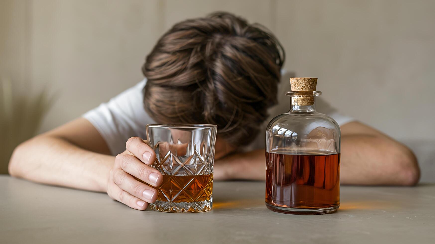 Person slumped over a glass and bottle of liquor nearby showing the effects of alcohol abuse in soft photo