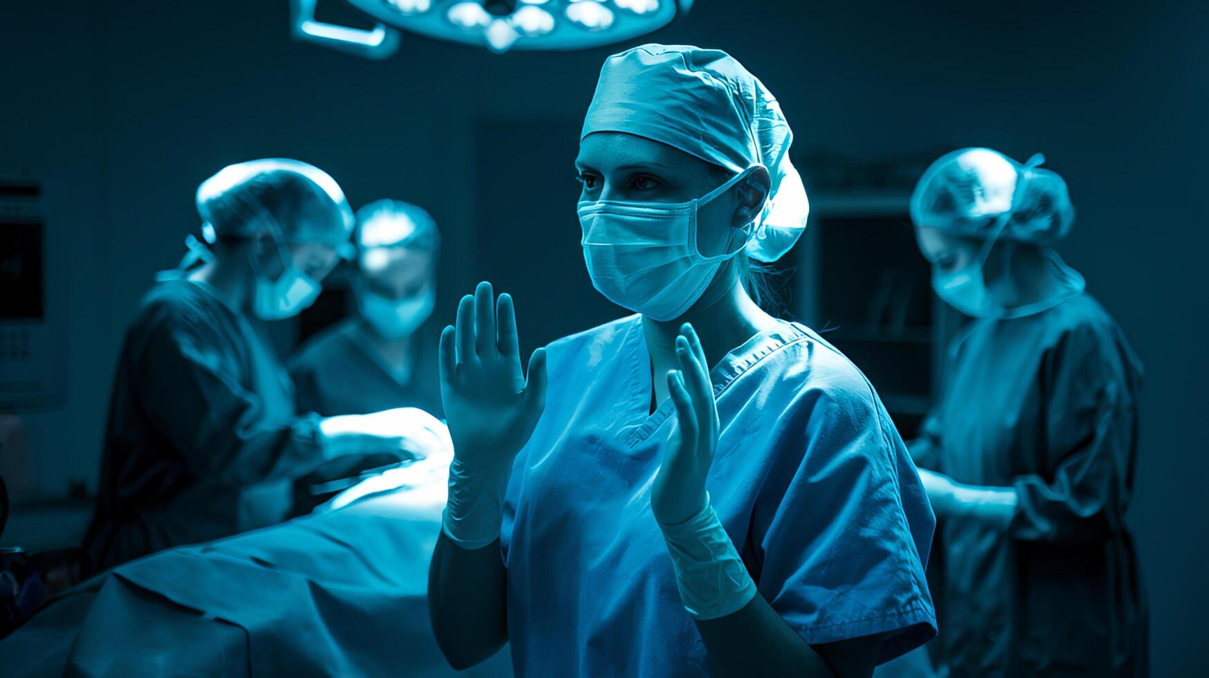 Focused surgeon putting on gloves in a dramatic teal operating room serious expression sterile photo