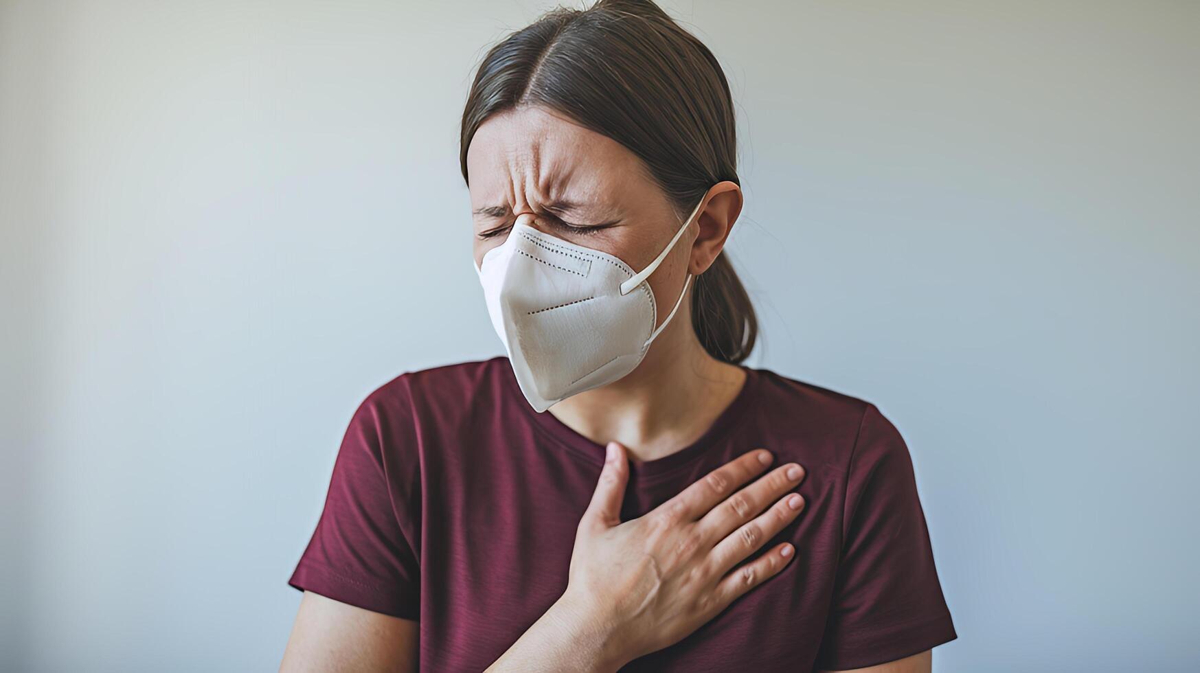 Woman in mask feeling unwell chest pain illness symptom neutral background simple photo