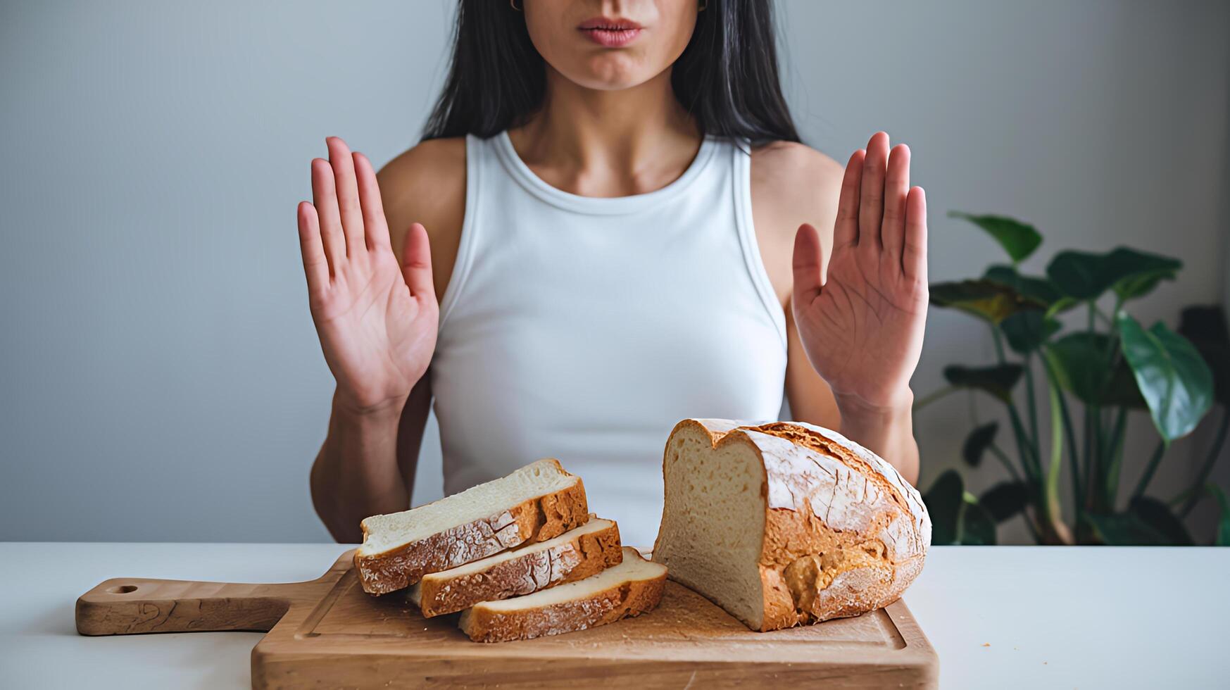 Woman refusing bread gluten free diet choice healthy lifestyle simple background neutral tones clean photo