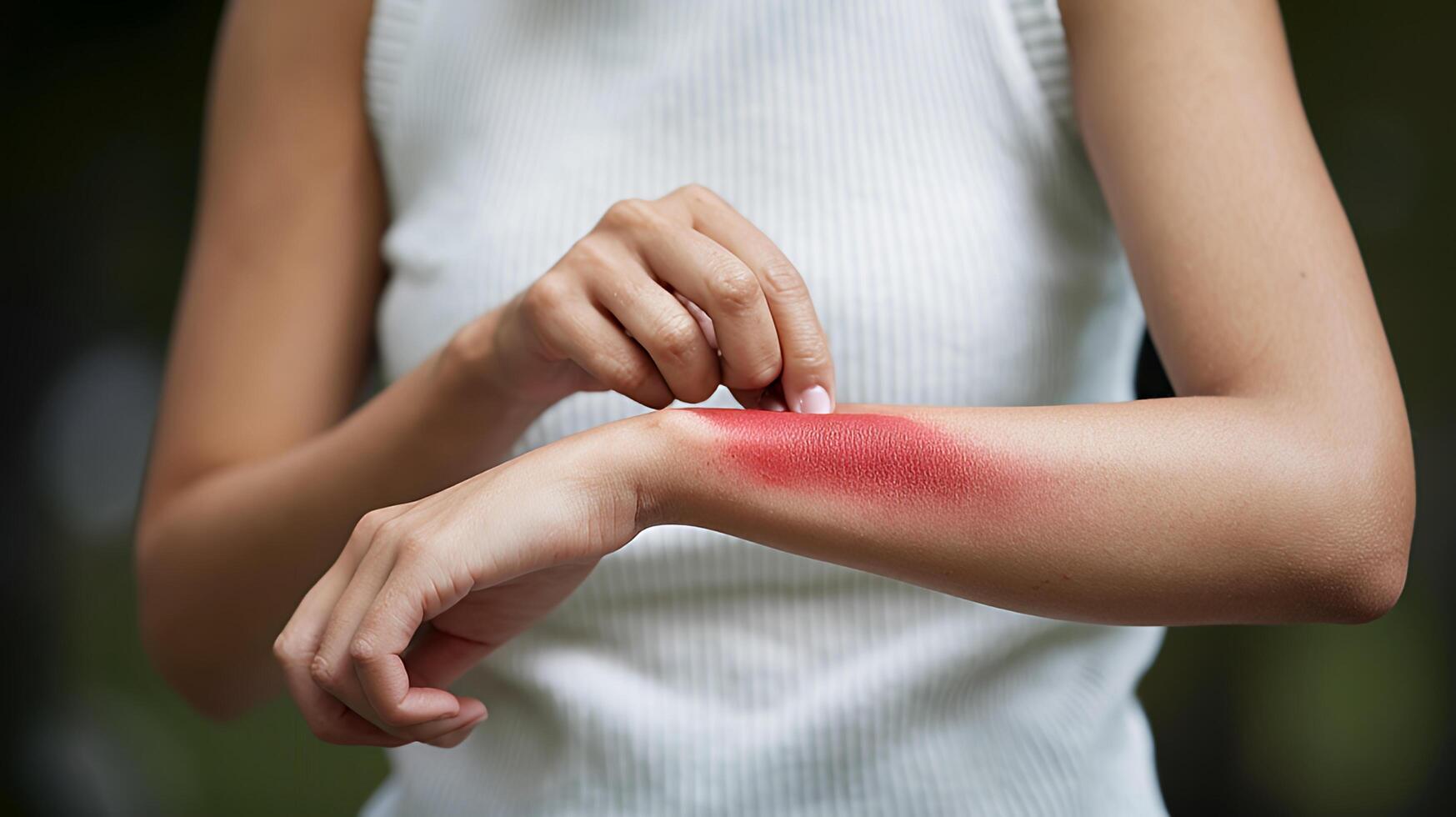 Woman gently touching a red irritated patch of skin on her forearm soft focus background photo