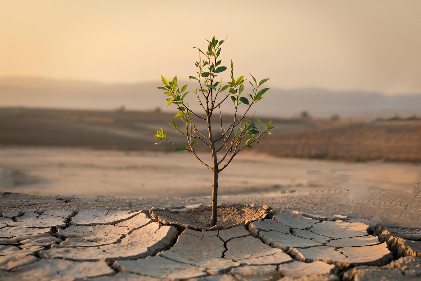 Tiny sprout bravely emerges from cracked earth a symbol of hope and resilience in arid landscape at photo