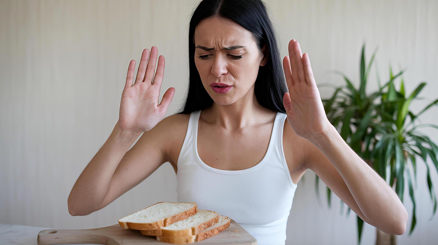 Woman rejecting bread healthy diet choice neutral background soft lighting showing dislike for carbs photo