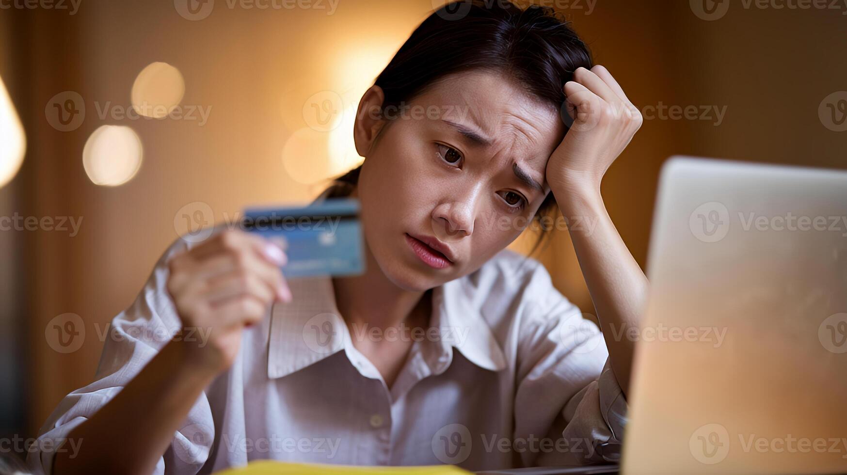 Stressed woman with credit card laptop financial worry online banking debt low light warm tones photo