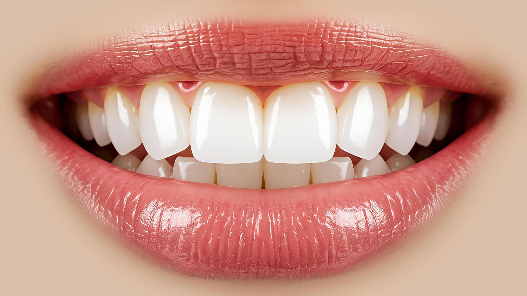 Radiant smile pearly white teeth healthy gums glowing lips close up view natural lighting soft focus photo