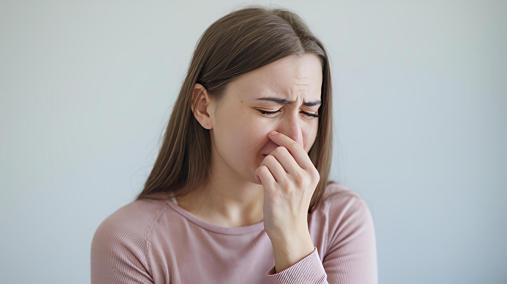 Young woman crying covering her face feeling sadness grief heartbreak emotional pain neutral photo