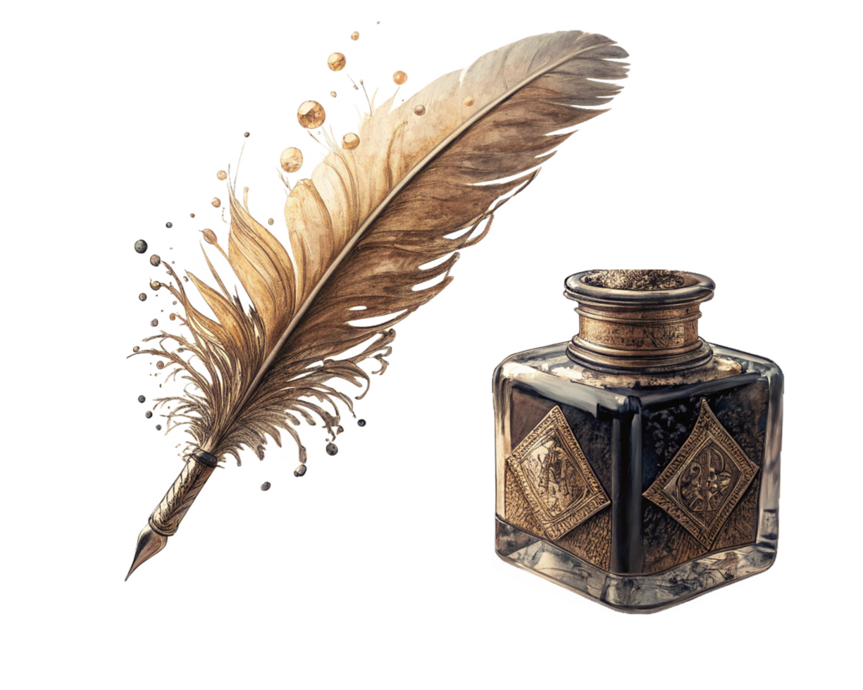 Elegant Quill Pen with Ink Bottle for Literature Theme png