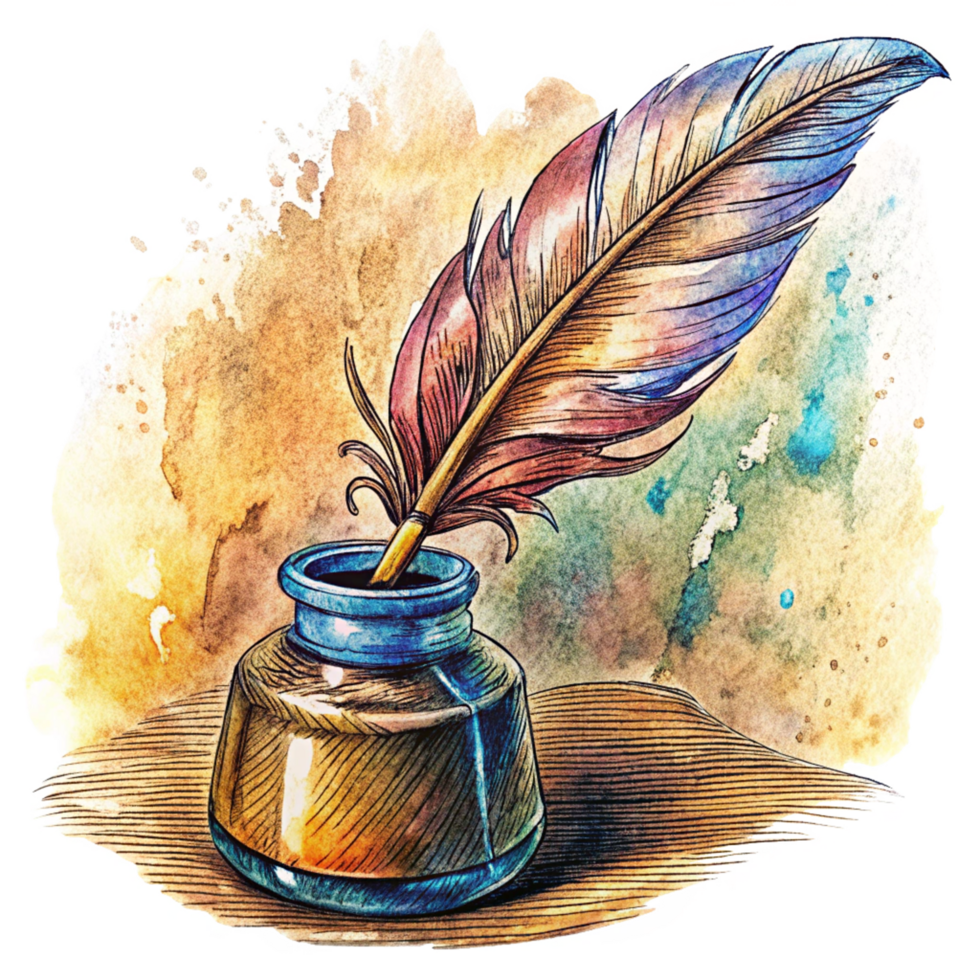 Quill Pen and Ink Bottle Flat Lay Design png