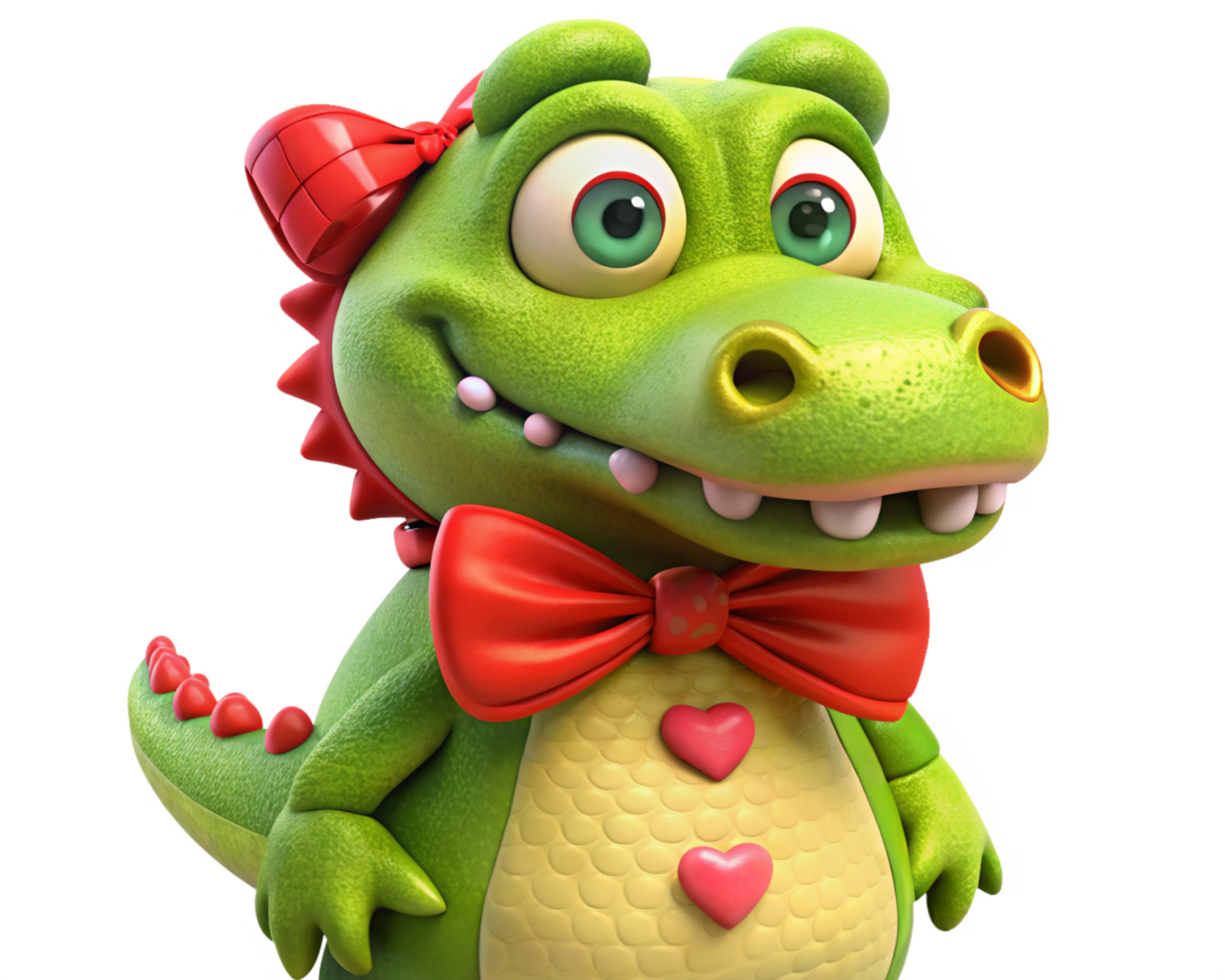 Smiling Cartoon Crocodile with Big Red Bow Tie png