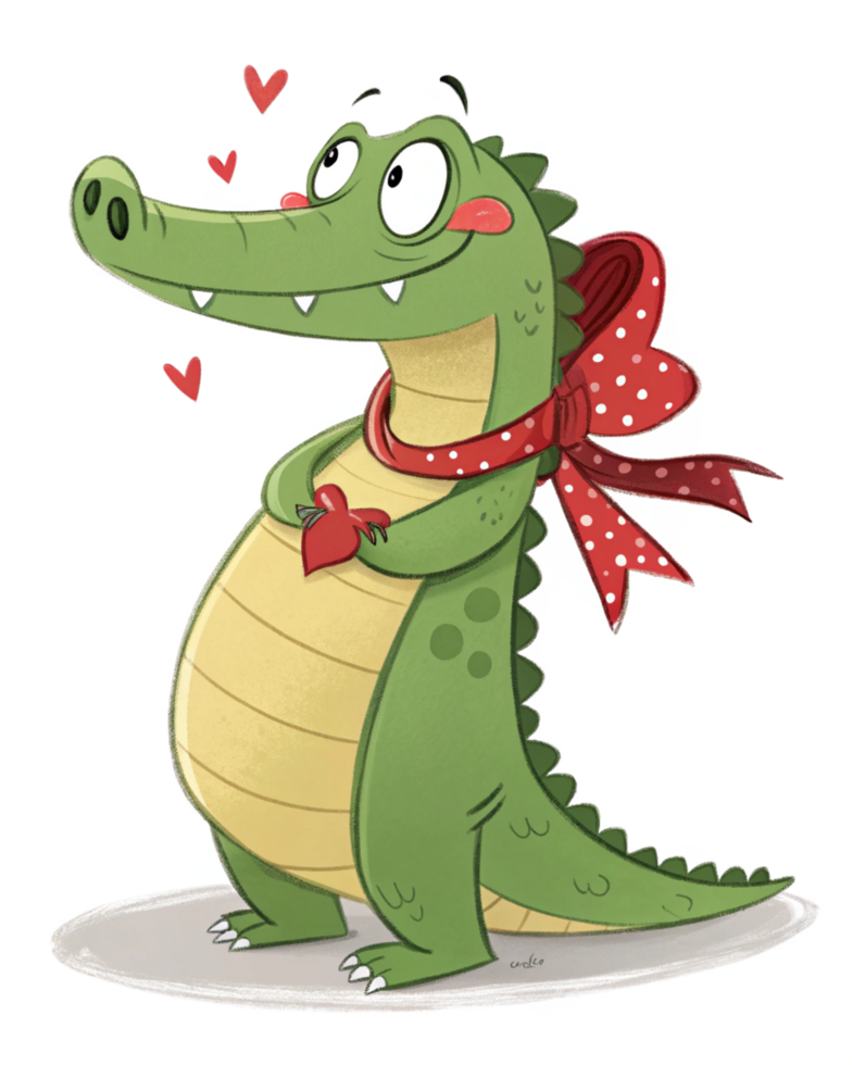 Cartoon Alligator Styled with Red Bow Tie png