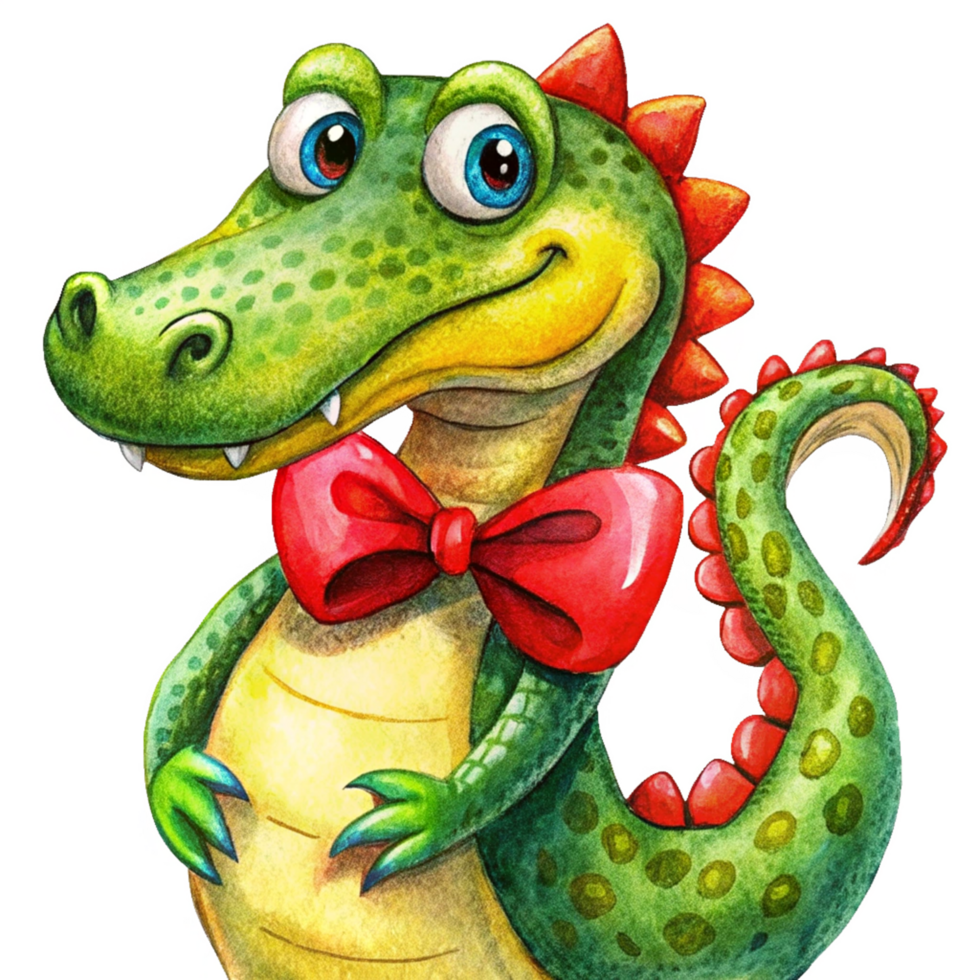 Smart Crocodile Cartoon in Red Bow Necktie png