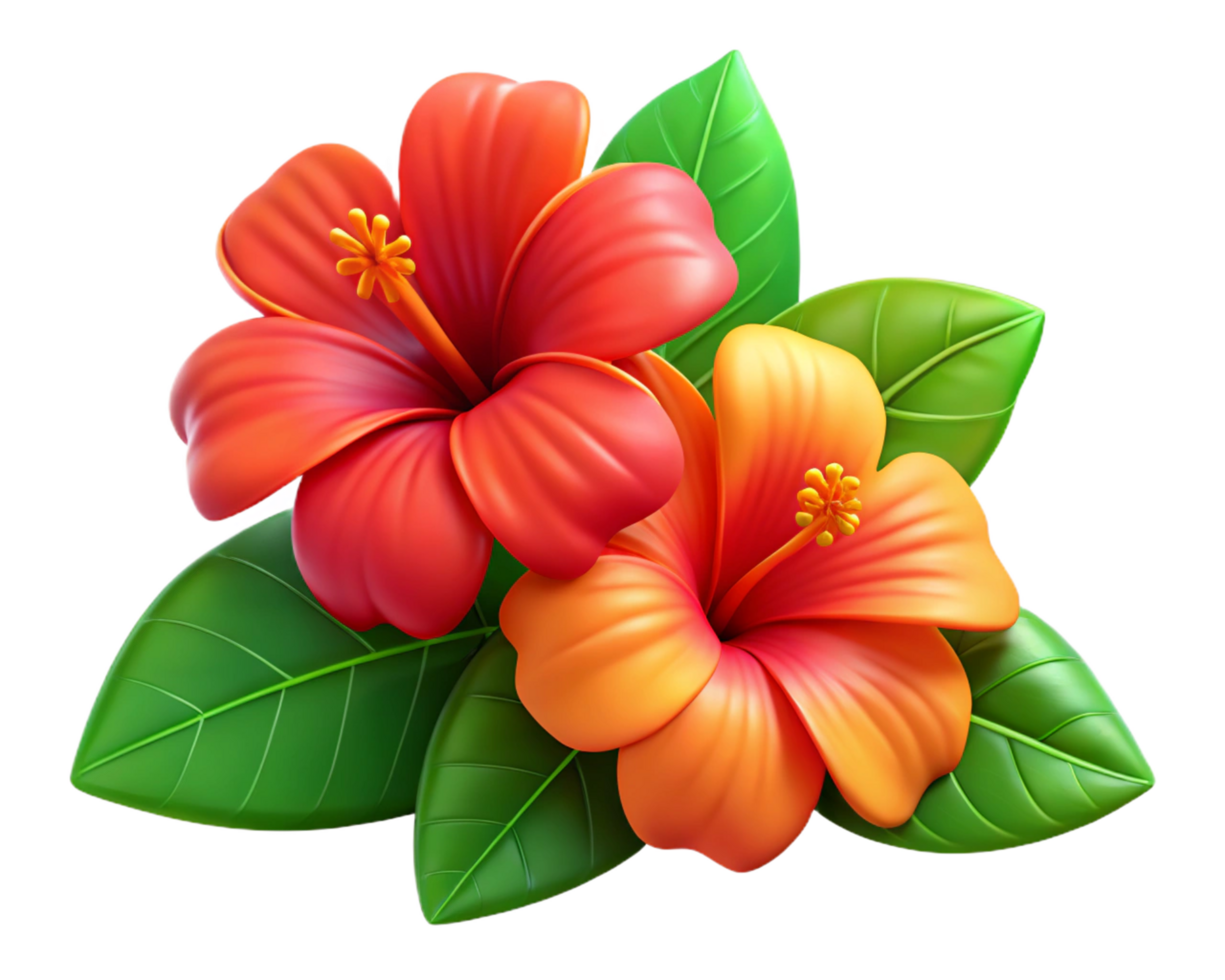 Blooming Tropical Hibiscus Red Orange with Leaves Transparent png