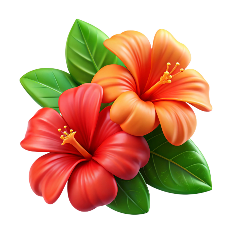 Green Foliage with Hibiscus Red Orange Flowers Transparent png