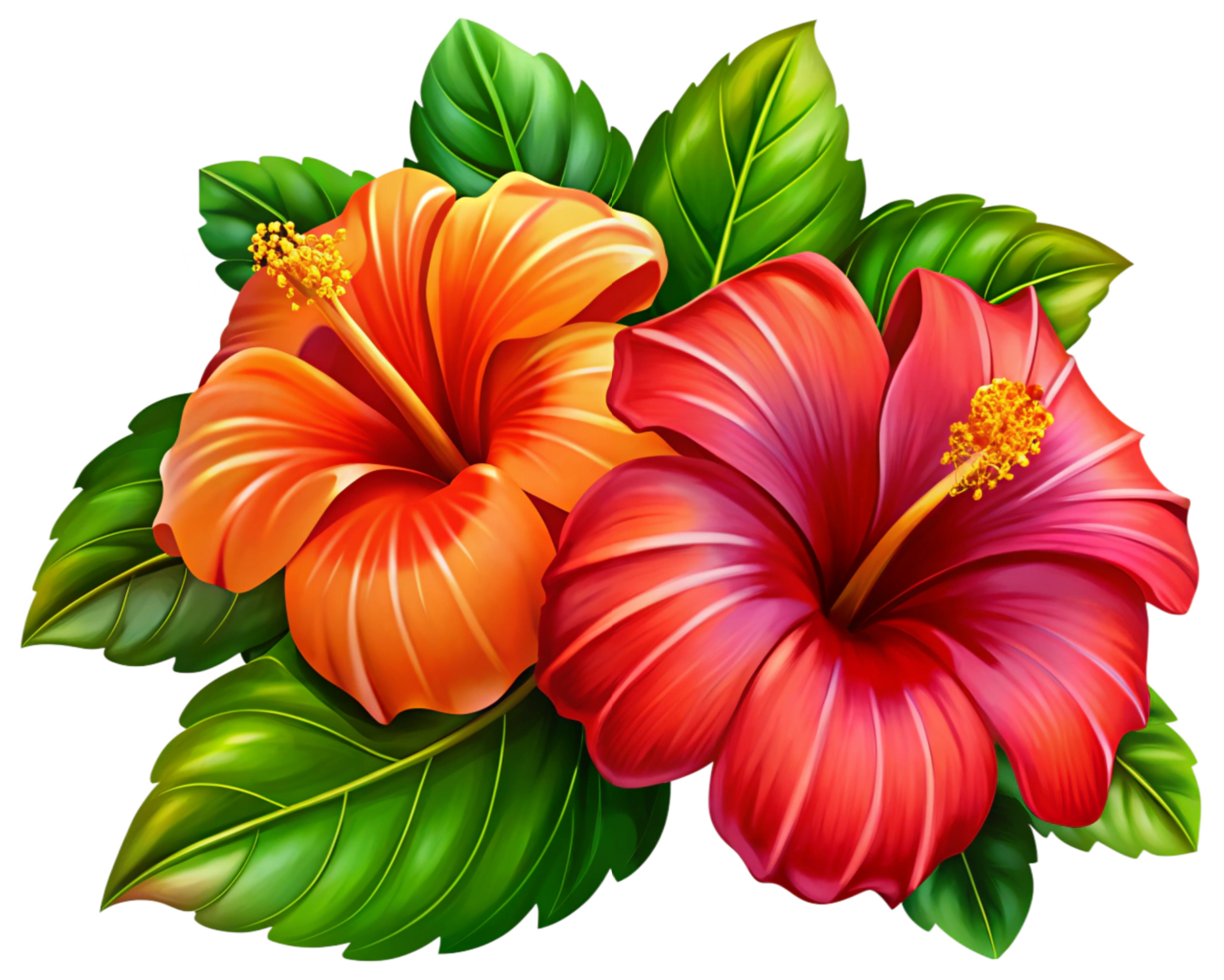 Bright Red Orange Hibiscus Cluster with Leaves Transparent png