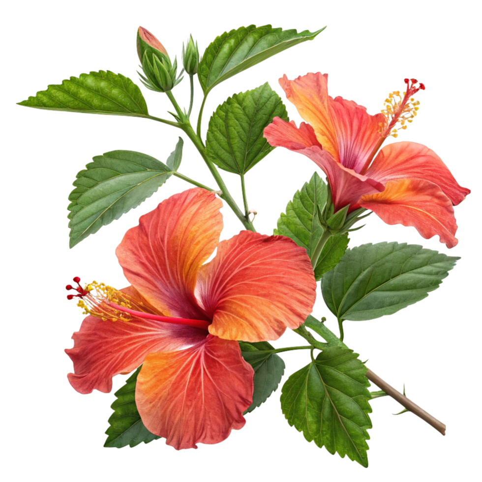 Red and Orange Flowering Hibiscus with Foliage Transparent png