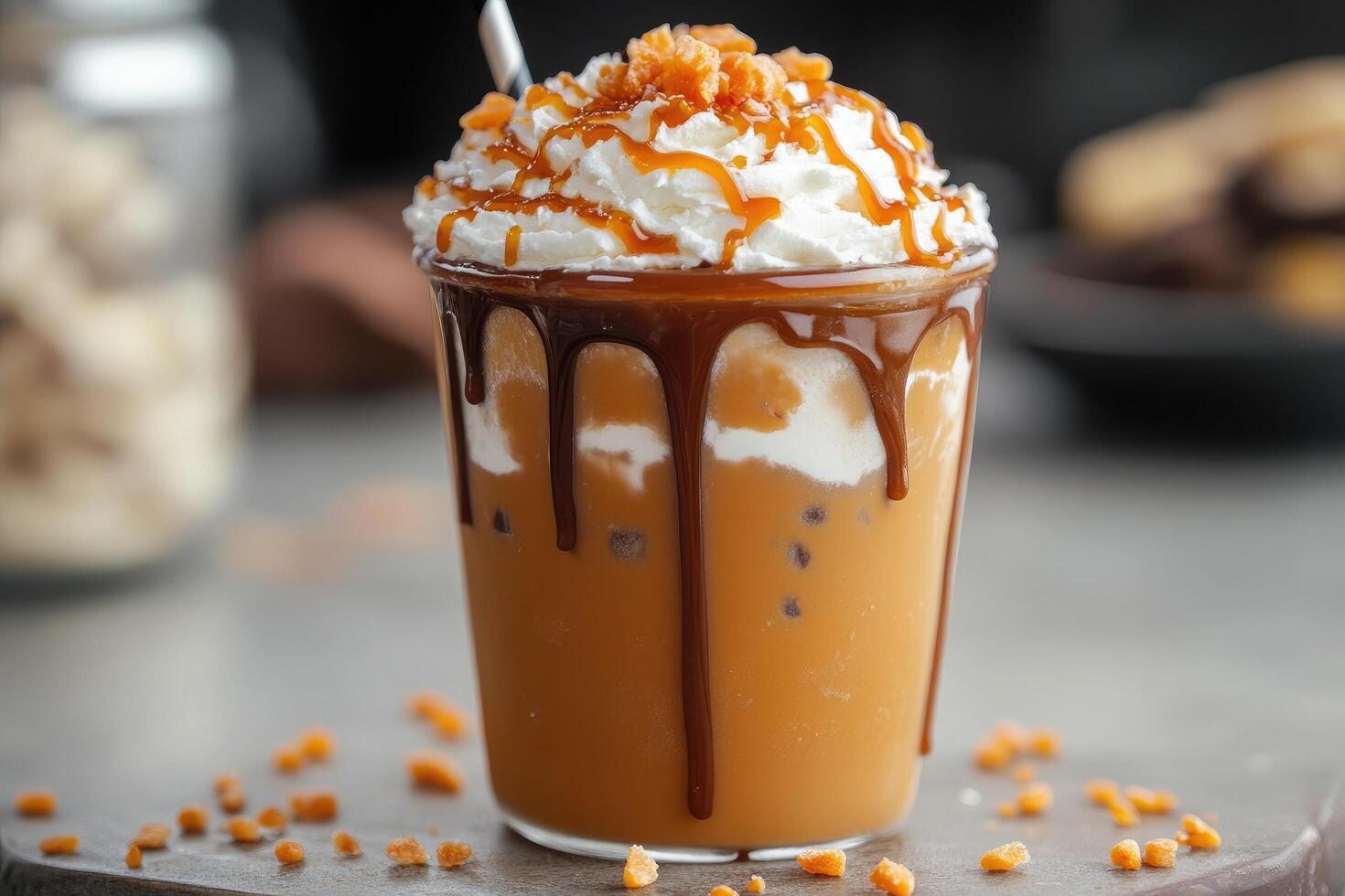 A glass of iced coffee with whipped cream and caramel photo