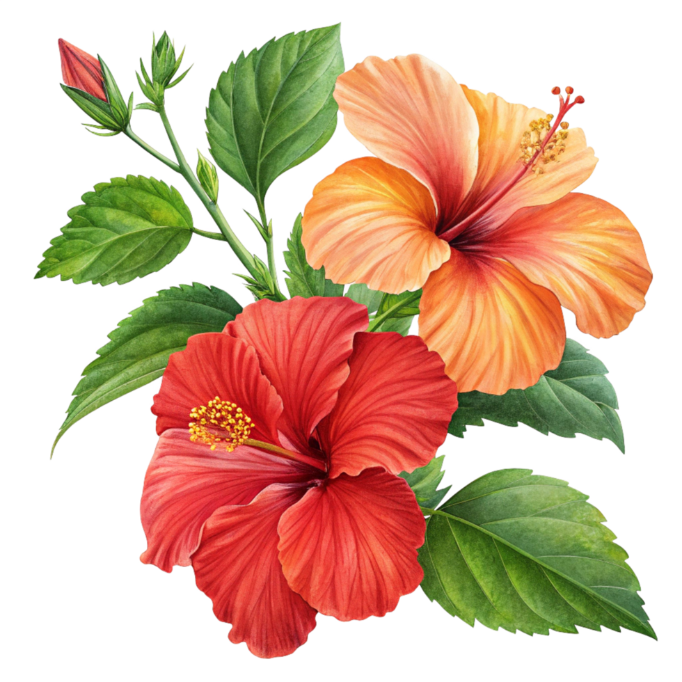 Lively Hibiscus Red and Orange with Leaves Transparent png