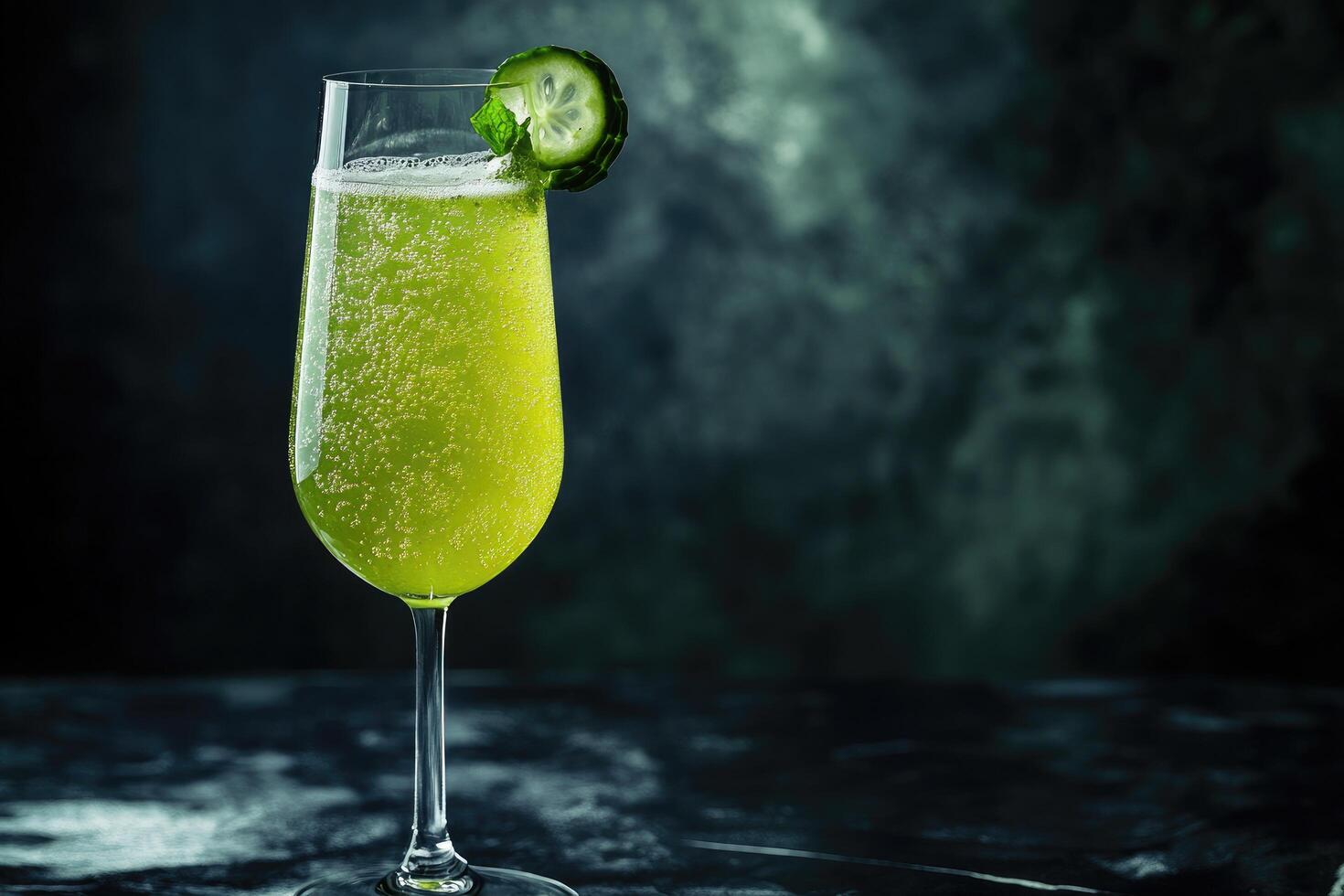 A glass of green liquid with a slice of cucumber photo