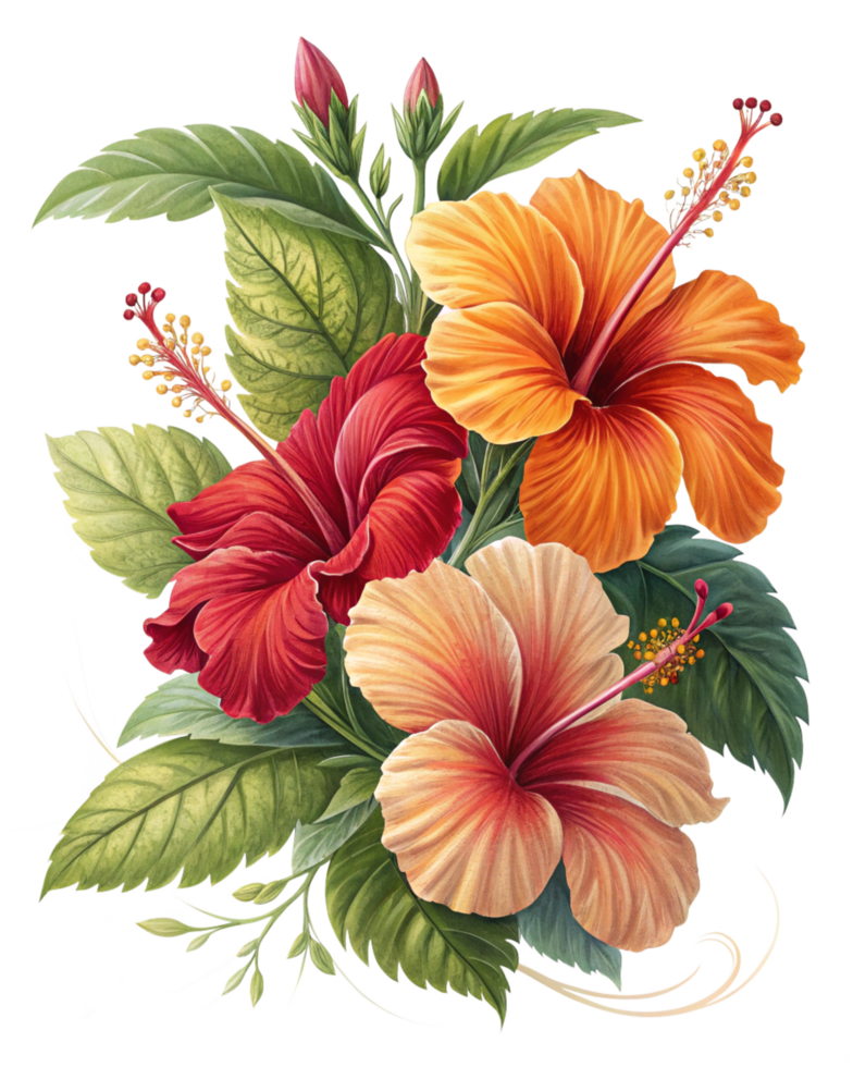 Tropical Bloom of Hibiscus Red Orange with Leaves png