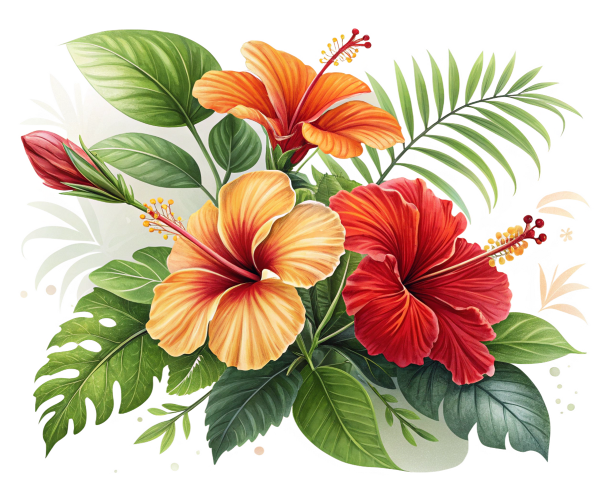 Stylish Red and Orange Hibiscus Petals and Leaves Transparent png
