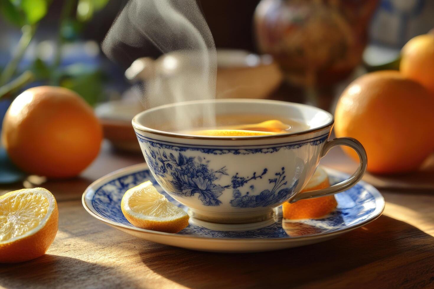A cup of tea with a slice of lemon photo