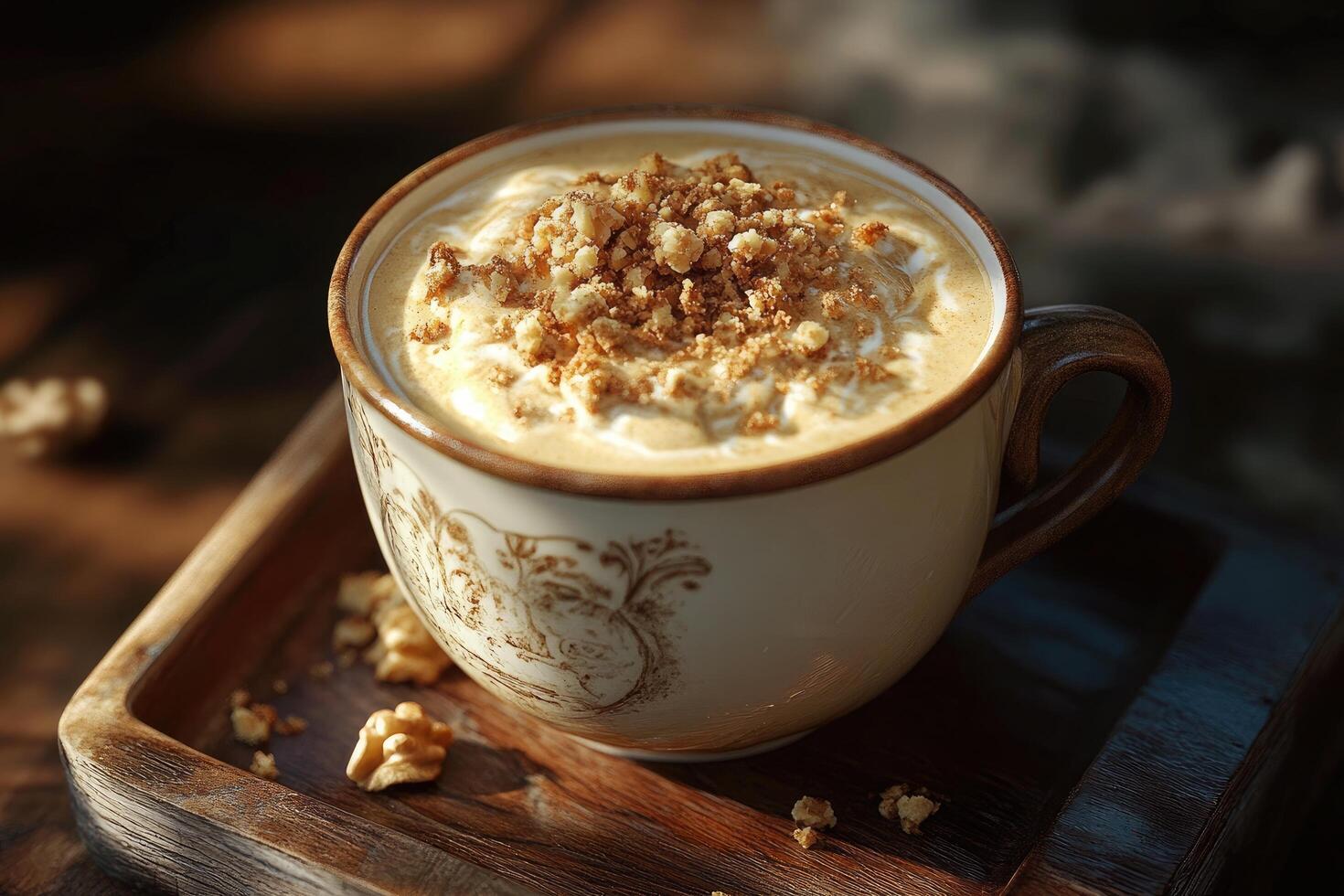 A coffee cup with whipped cream and walnuts photo